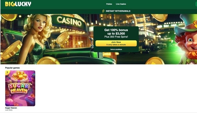 Big Lucky kasinon peliosastot näyttävällä vihreä-kultaisella ilmeellä